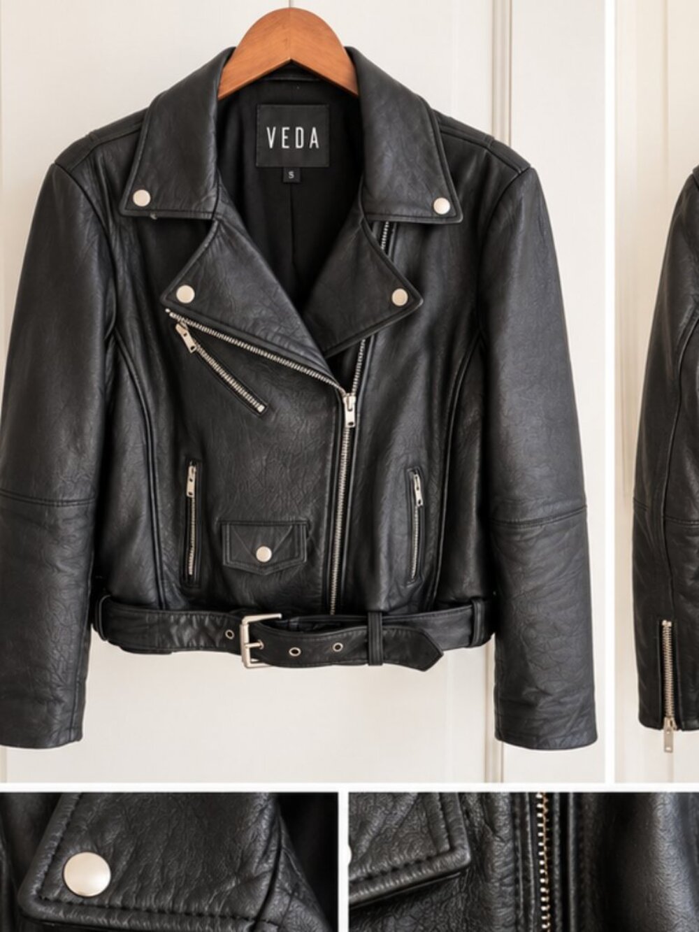 VEDA Black Leather Moto Biker Jacket Size Small